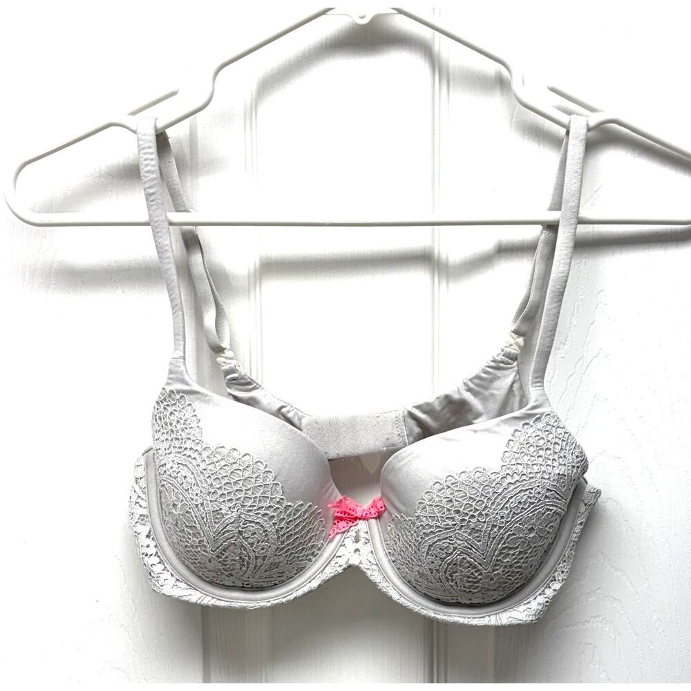 Victoria's Secret Bra Demi Pale Gray Lace, Convertible Straps, Women's Size 34C